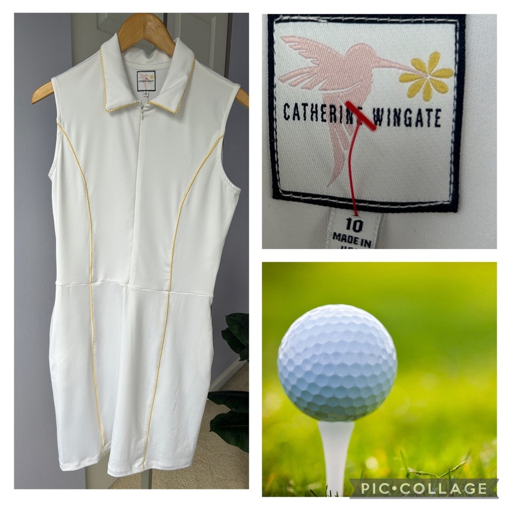 Catherine Wingate Golf Dress Sleeveless White Yellow Gold Trim Size 10 Pockets